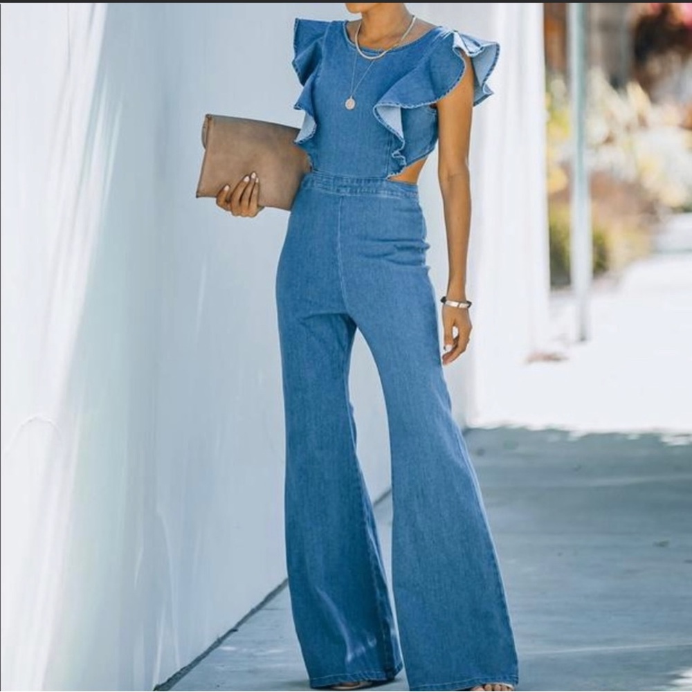VICI Kadie Cotton Blend Flared Denim Jumpsuit - Medium Wash